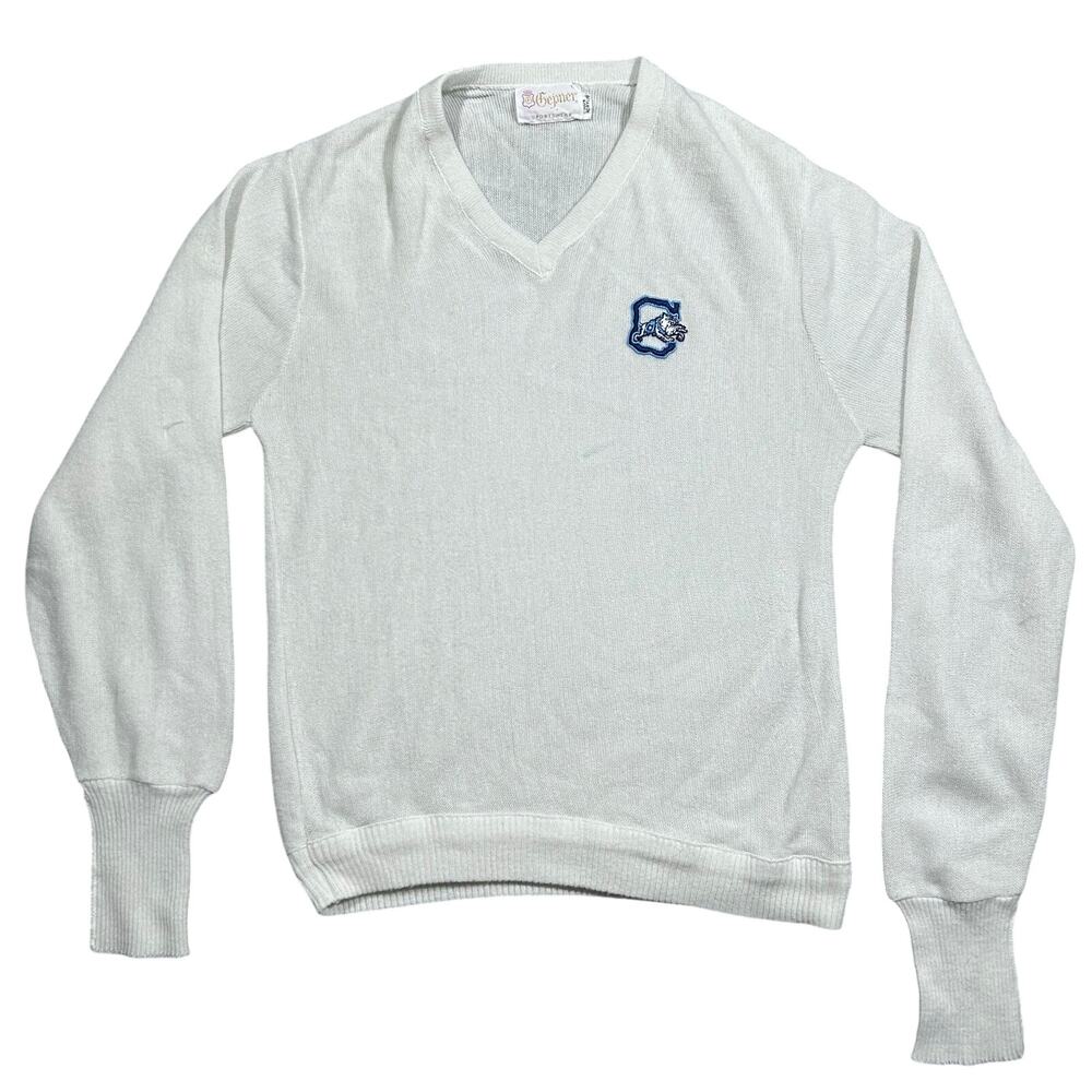 Vintage 70s Colligate Sweater Mens Large Geiger USA Made Knit Bulldog V-Neck